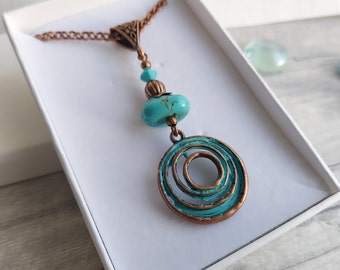 Boho Style Magnesite Pendant Necklace, Turquoise Verdigris Rustic Copper Tone, Geometric, Extendable Chain, Choose Length