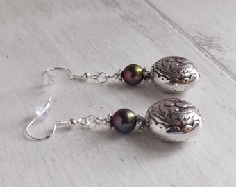 Czech Glass Pearl Dark Rainbow Dangle Earrings, Large Mid-Century Style Drops, Silver Plate Hooks, Bobby Dazzlers, Statement Earrings