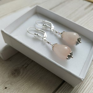 Rose Quartz Crystal Gemstone Earrings, Classic Elegant Drops, Sterling, Silver Plate, Clip-on Option, Bridal Wear, Bridesmaid, Prom Gift image 1