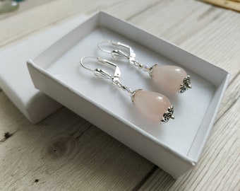 Rose Quartz Crystal Gemstone Earrings, Classic Elegant Drops, Sterling, Silver Plate, Clip-on Option, Bridal Wear, Bridesmaid, Prom Gift