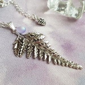 Large Fern Leaf Pendant Necklace, Layering, Choose 16 26 Silver Plate Chain, Extendable, Nature, Foliage, Bracken, Teardrop Frosted Glass image 8