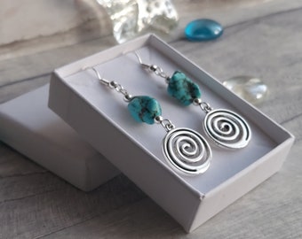 Boho Style Turquoise Gemstone Dangle Earrings, Blue Stone Silver Plate Spiral Hippy Drops, Geometric, Infinity Swirl Love, Choose Hook Style