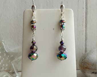 Purple Rainbow Hematite Dangle Earrings, Oily Rainbow Glass Drop Earrings, Beaded Earrings, Silver Plate Lever Back, Boho Hippy Style