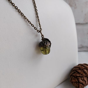 Olive Green Crackle Glass Acorn Pendant Necklace. Bronze Tone Choose Chain length. Extendable, Gift for Nature lover, Oak Tree Nut, Moss image 5