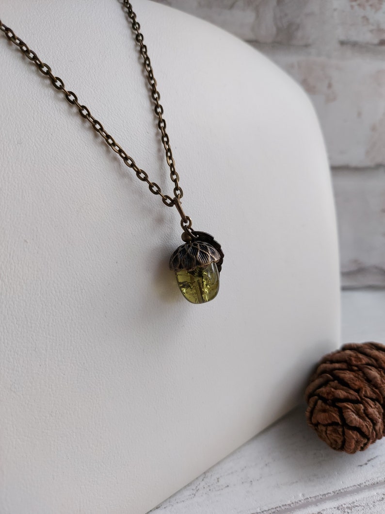 Olive Green Crackle Glass Acorn Pendant Necklace. Bronze Tone Choose Chain length. Extendable, Gift for Nature lover, Oak Tree Nut, Moss image 5