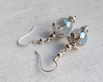 Light Blue Iridescent Quartz Dangle Earrings. Silver Plate or Sterling Hooks, Clip-On, Pretty Floral Drops, Classic Elegant Bridal Prom Wear