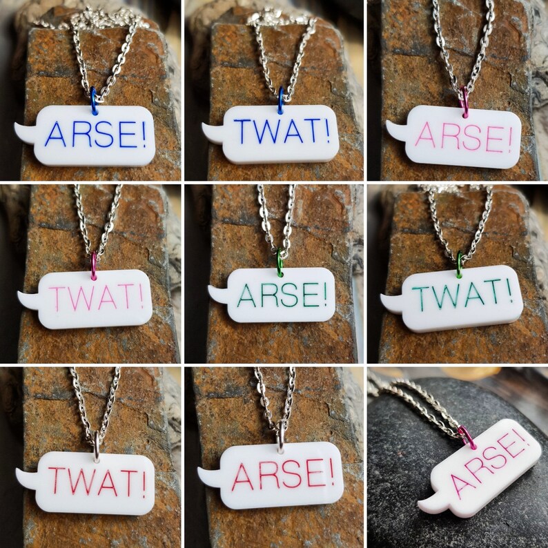 Speech Bubble Laser Cut Acrylic Necklace with 20 Inch Silver Plate Chain ARSE Blue Pink or Green Lettering.