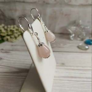 Rose Quartz Crystal Gemstone Earrings, Classic Elegant Drops, Sterling, Silver Plate, Clip-on Option, Bridal Wear, Bridesmaid, Prom Gift image 4