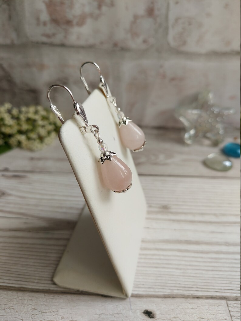 Rose Quartz Crystal Gemstone Earrings, Classic Elegant Drops, Sterling, Silver Plate, Clip-on Option, Bridal Wear, Bridesmaid, Prom Gift image 4