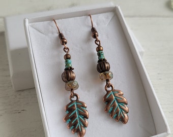 Oak Leaf Dangle Earrings, Green Czech Glass & Verdigris Copper Rustic Boho Beaded Drops, Copper Tone Hooks, Gift For Gardener,
