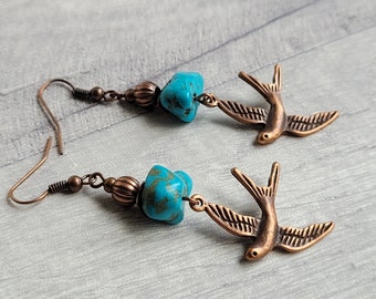 Turquoise Gemstone Boho Bird Copper Dangle Earrings, Swooping Swift Earrings, Copper Tone Drops, Wings Feather Freedom Nature Inspired