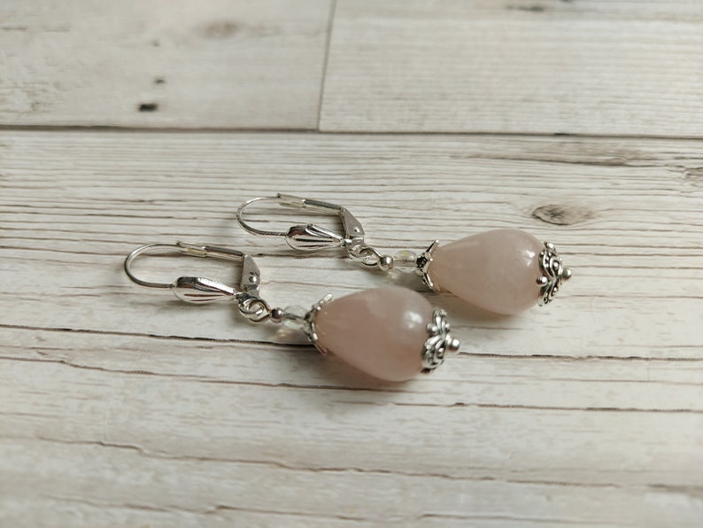 Rose Quartz Crystal Gemstone Earrings, Classic Elegant Drops, Sterling, Silver Plate, Clip-on Option, Bridal Wear, Bridesmaid, Prom Gift silver plate hinge