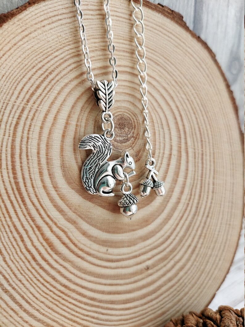 Squirrel and Acorn Pendant Necklace. Silver Plate Personalise Choose Chain length. Extendable, Gift for Nature lover, Oak Tree Nut, image 3