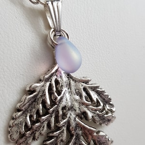 Large Fern Leaf Pendant Necklace, Layering, Choose 16 26 Silver Plate Chain, Extendable, Nature, Foliage, Bracken, Teardrop Frosted Glass image 6