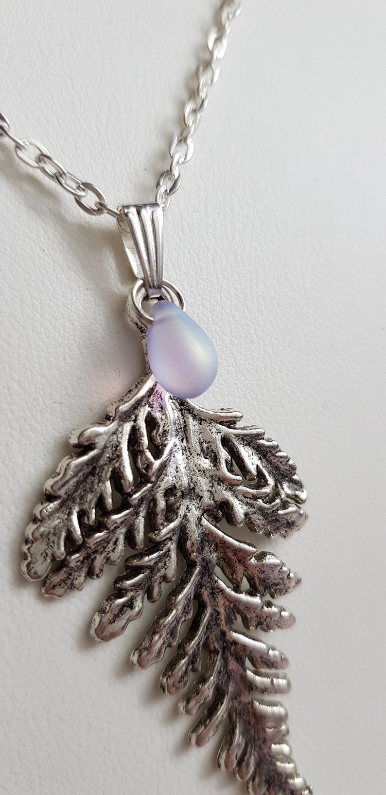 Large Fern Leaf Pendant Necklace, Layering, Choose 16 26 Silver Plate Chain, Extendable, Nature, Foliage, Bracken, Teardrop Frosted Glass image 6