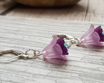 Pink and Purple Lucite Flower Bells and Austrian Crystal Drop Earrings Silver plate French Lever Back Hooks, Floral Dangle Handmade Earrings