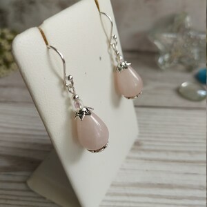 Rose Quartz Crystal Gemstone Earrings, Classic Elegant Drops, Sterling, Silver Plate, Clip-on Option, Bridal Wear, Bridesmaid, Prom Gift image 7