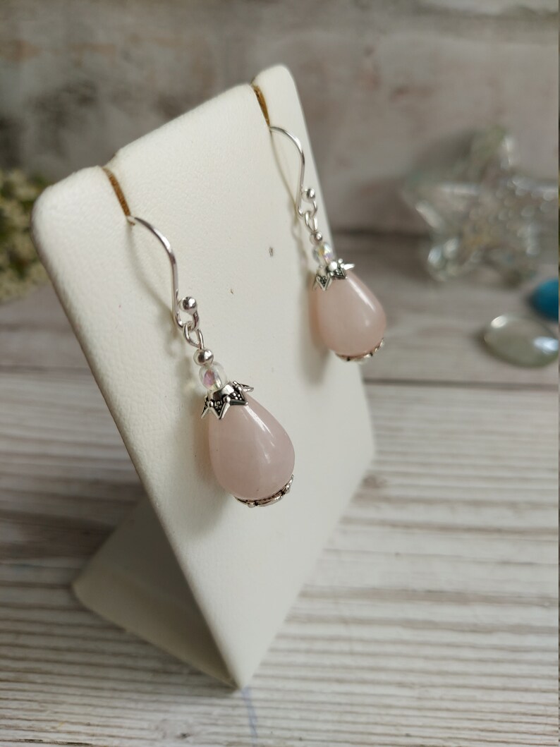 Rose Quartz Crystal Gemstone Earrings, Classic Elegant Drops, Sterling, Silver Plate, Clip-on Option, Bridal Wear, Bridesmaid, Prom Gift image 7