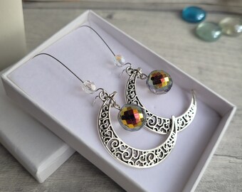 Large Filigree Crescent Moon and Disco Ball Bead Earrings, Faceted Electroplated Glass Beads, Silver Plate Hooks. Celestial Hippy Gift