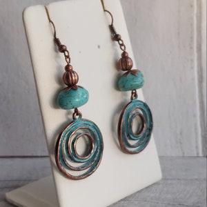 Boho Style Magnesite Gemstone Dangle Earrings, Turquoise Verdigris Rustic Copper Tone Hippy Drops, Geometric, Infinity Swirl Spiral Love image 3