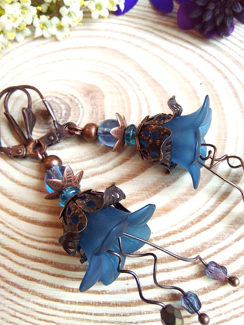 Bluebell Flower earrings, Handmade Boho Floral Dangle Drops, Copper Lever Back, Flower Forest Fairy Cottage Core, Blossom, Gift Box Included image 4