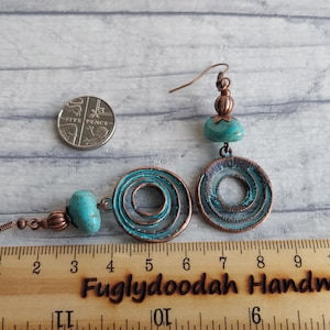 Boho Style Magnesite Gemstone Dangle Earrings, Turquoise Verdigris Rustic Copper Tone Hippy Drops, Geometric, Infinity Swirl Spiral Love image 8