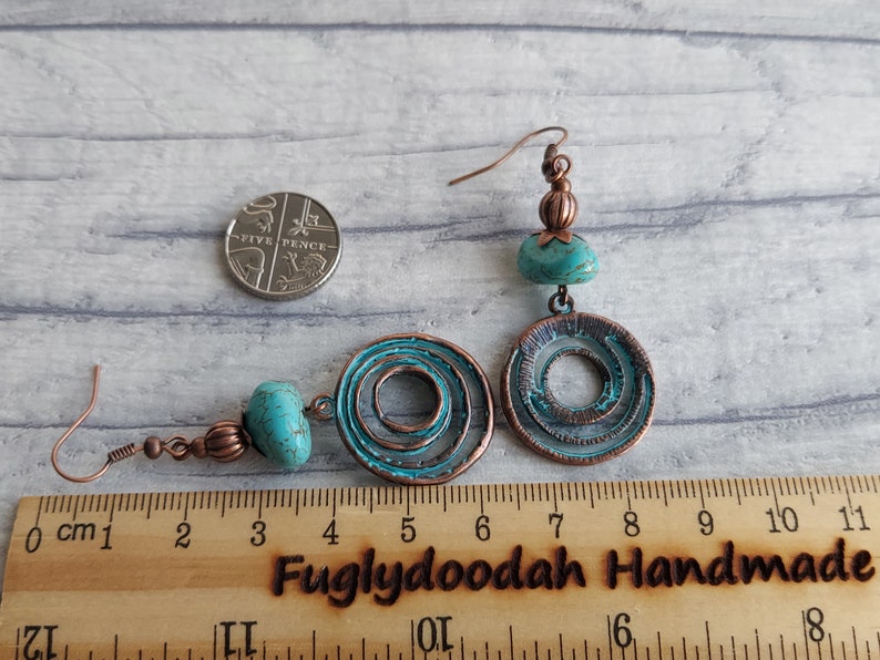 Boho Style Magnesite Gemstone Dangle Earrings, Turquoise Verdigris Rustic Copper Tone Hippy Drops, Geometric, Infinity Swirl Spiral Love image 8