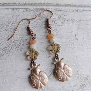 Ladybird Flower Dangle Earrings, Rustic White Washed Antiqued Copper Tone, Pretty Floral Drops, Gift for Ladybug Lover, Nature Theme, Cute. image 4