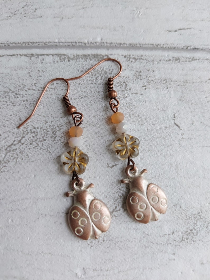 Ladybird Flower Dangle Earrings, Rustic White Washed Antiqued Copper Tone, Pretty Floral Drops, Gift for Ladybug Lover, Nature Theme, Cute. image 4