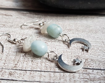 Natural Iridescent Moonstone and Larimar Celestial Earrings, Moon & Star Drops, Blue Gemstone, Sterling or Silver Plate Hooks, Pretty, Cute.