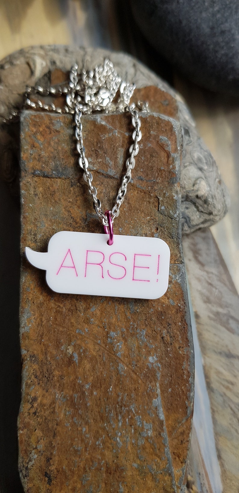 Speech Bubble Laser Cut Acrylic Necklace with 20 Inch Silver Plate Chain ARSE Blue Pink or Green Lettering.