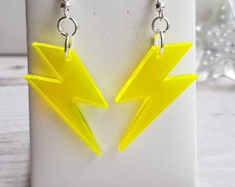 Lightning Bolt Zigzag Dangle Novelty Earrings, Bright Yellow Transparent Acrylic Lightweight, Silver Plate Hooks