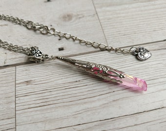 Pink Rainbow Rough Quartz Point Crystal Gemstone Pendant Necklace, Silver Plate Chain Plus Extender. Gothic Necklace, Boho Hippy Gift