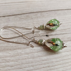 Flower Bud Inspired Long Dangle Earrings, Mint Green Crackle Glass Bead Drops, Silver Plate Latch Back, Snowdrop, Blossom, Floral, Fresh image 7