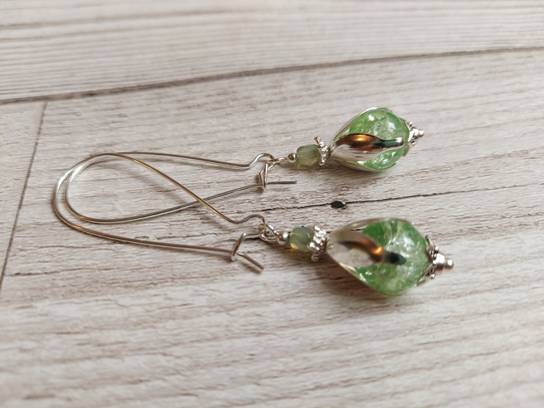 Flower Bud Inspired Long Dangle Earrings, Mint Green Crackle Glass Bead Drops, Silver Plate Latch Back, Snowdrop, Blossom, Floral, Fresh image 7