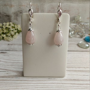 Rose Quartz Crystal Gemstone Earrings, Classic Elegant Drops, Sterling, Silver Plate, Clip-on Option, Bridal Wear, Bridesmaid, Prom Gift image 2