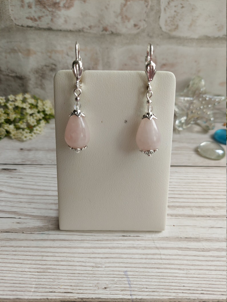 Rose Quartz Crystal Gemstone Earrings, Classic Elegant Drops, Sterling, Silver Plate, Clip-on Option, Bridal Wear, Bridesmaid, Prom Gift image 2