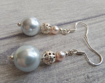 Light Grey Glass Pearls, Filigree Beaded Drop Earrings. Silver Plate or Sterling Silver Hooks. Perfect for Prom or Wedding, Bridal Wear