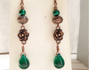 Teal Green Teardrop and Copper Rose Long Dangle Earrings, Glass Pearl Edwardian Art Nouveau Inspired Drop Lever Back Gothic Earrings