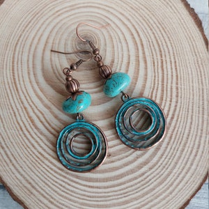 Boho Style Magnesite Gemstone Dangle Earrings, Turquoise Verdigris Rustic Copper Tone Hippy Drops, Geometric, Infinity Swirl Spiral Love image 6