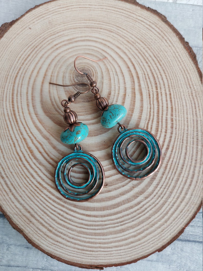 Boho Style Magnesite Gemstone Dangle Earrings, Turquoise Verdigris Rustic Copper Tone Hippy Drops, Geometric, Infinity Swirl Spiral Love image 6