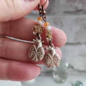 Ladybird Flower Dangle Earrings, Rustic White Washed Antiqued Copper Tone, Pretty Floral Drops, Gift for Ladybug Lover, Nature Theme, Cute. image 9