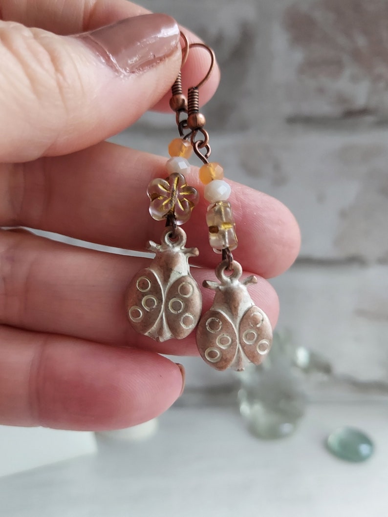 Ladybird Flower Dangle Earrings, Rustic White Washed Antiqued Copper Tone, Pretty Floral Drops, Gift for Ladybug Lover, Nature Theme, Cute. image 9