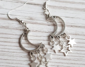 Moon and Star Celestial Dangle Earrings on Silver Plate, Sterling Silver Hooks, or Clip-on. Boho Hippy Chandelier Drops, Witchy, Goth, Gift