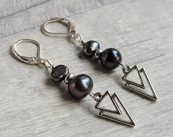 Black Peacock Freshwater Pearl Art Deco Style Dangle Earrings, Silver Plate Lever Hook Geometric Triangle Drops, Elegant Classic Gift