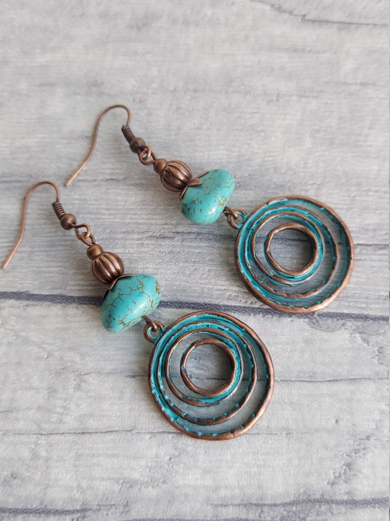 Boho Style Magnesite Gemstone Dangle Earrings, Turquoise Verdigris Rustic Copper Tone Hippy Drops, Geometric, Infinity Swirl Spiral Love image 4