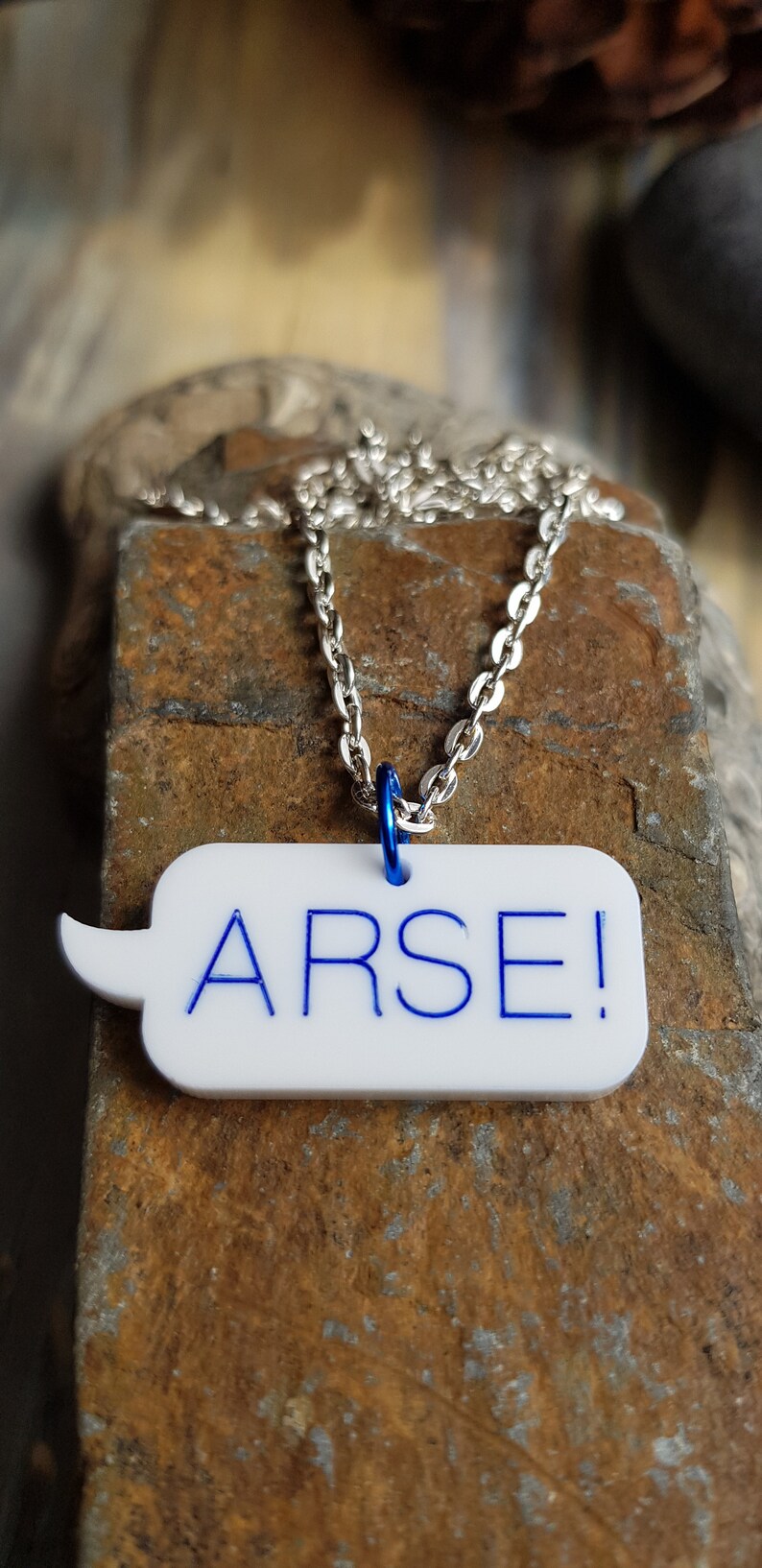 Speech Bubble Laser Cut Acrylic Necklace with 20 Inch Silver Plate Chain ARSE Blue Pink or Green Lettering.