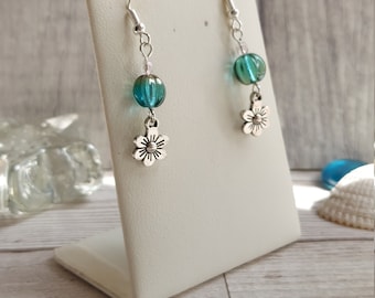 Flower Earrings, Teal Blue Glass Flower Charm Drops, Floral Beaded, Cute, Discrete, Small. Silver Plate. Gift for Plant Lover, Bridal Wear