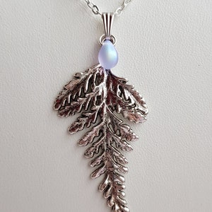 Large Fern Leaf Pendant Necklace, Layering, Choose 16 26 Silver Plate Chain, Extendable, Nature, Foliage, Bracken, Teardrop Frosted Glass image 3