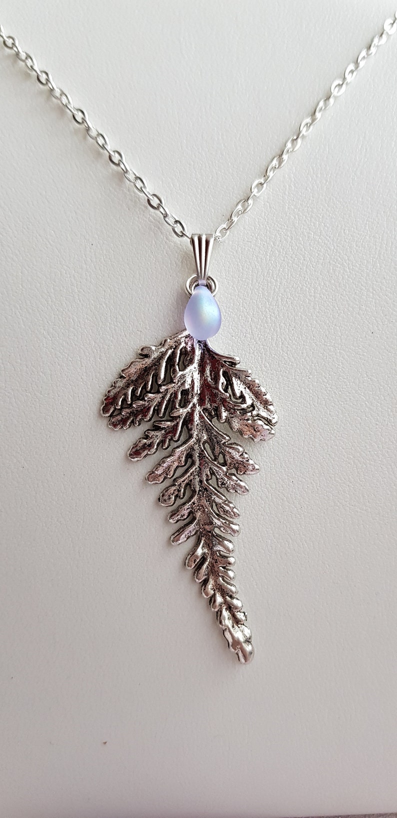 Large Fern Leaf Pendant Necklace, Layering, Choose 16 26 Silver Plate Chain, Extendable, Nature, Foliage, Bracken, Teardrop Frosted Glass image 3